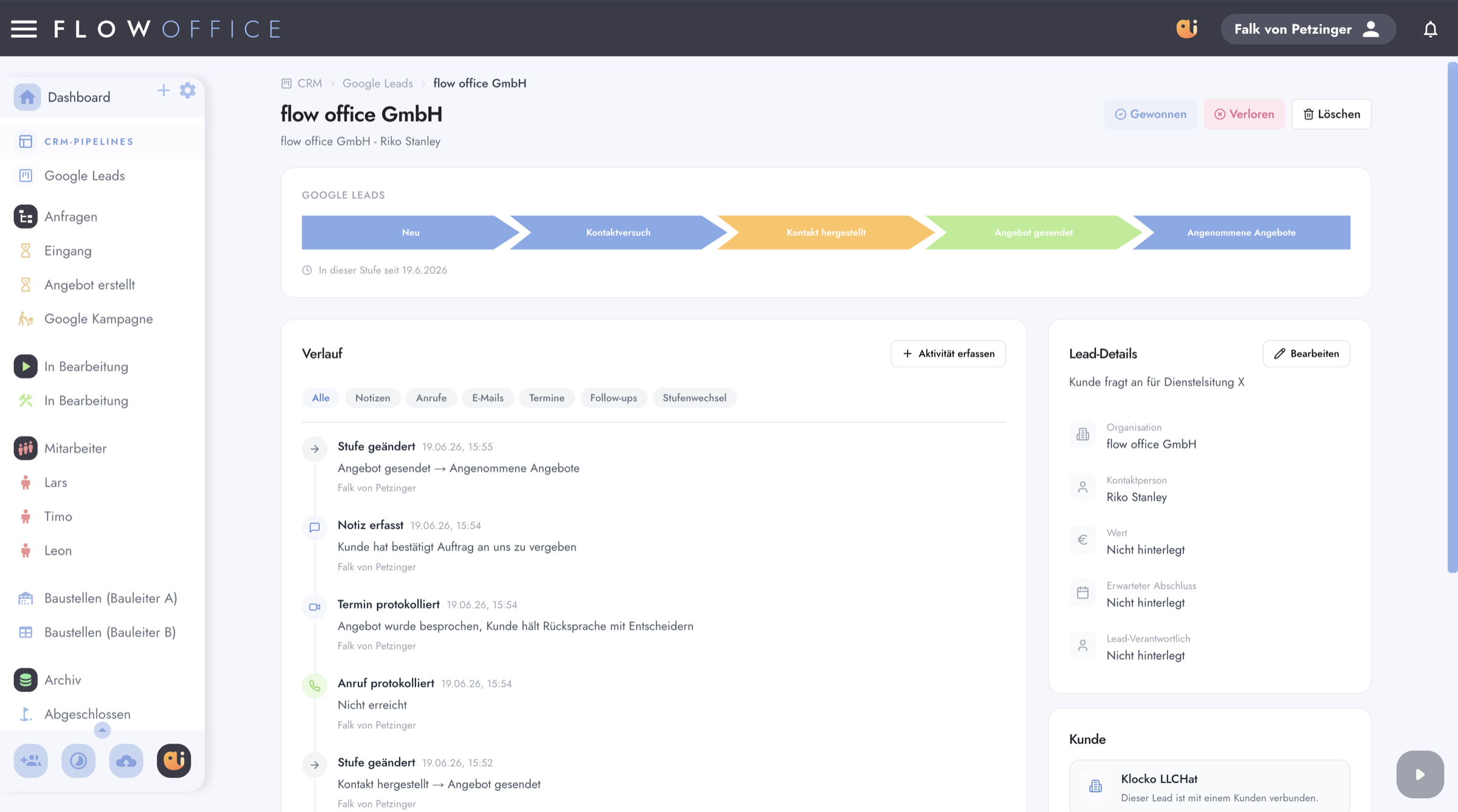 Flow Office CRM – Kundenakte mit Verlauf, Stufenwechseln und Aktivitäten