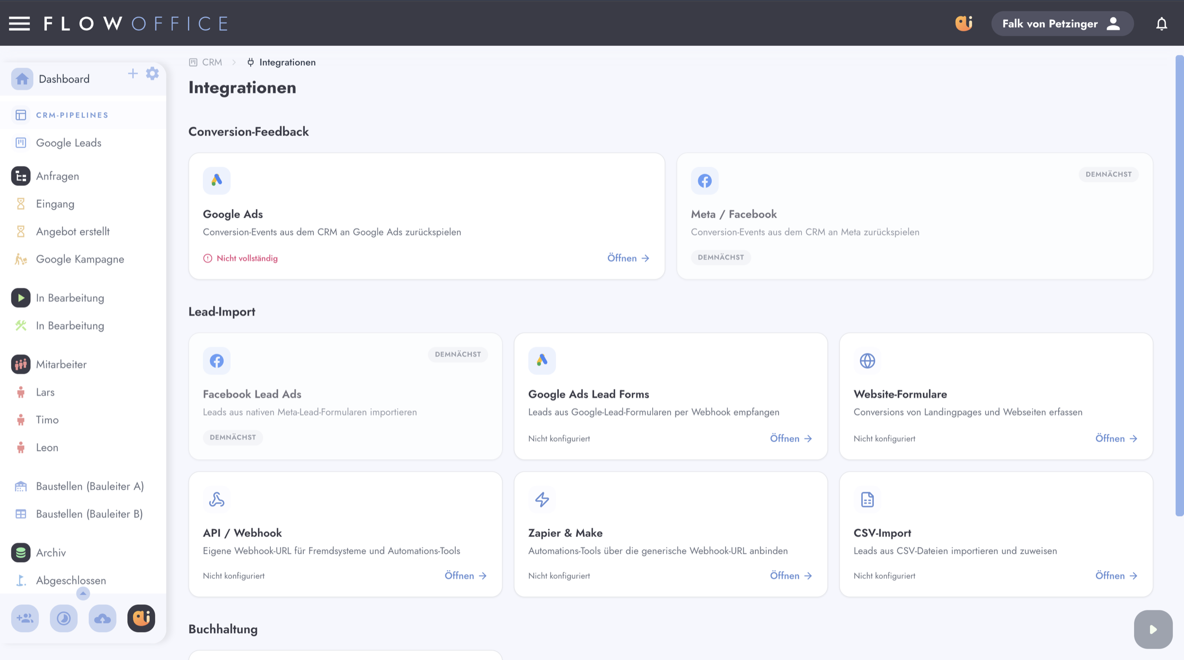 Flow Office CRM – Integrationen für Google Ads, Meta, Buchhaltung und Lead-Import