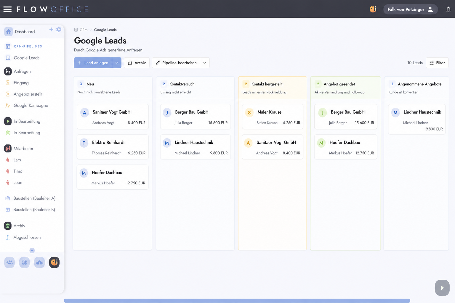 Flow Office CRM – Sales-Pipeline „Google Leads" mit Lead-Stufen von Neu bis Angenommen