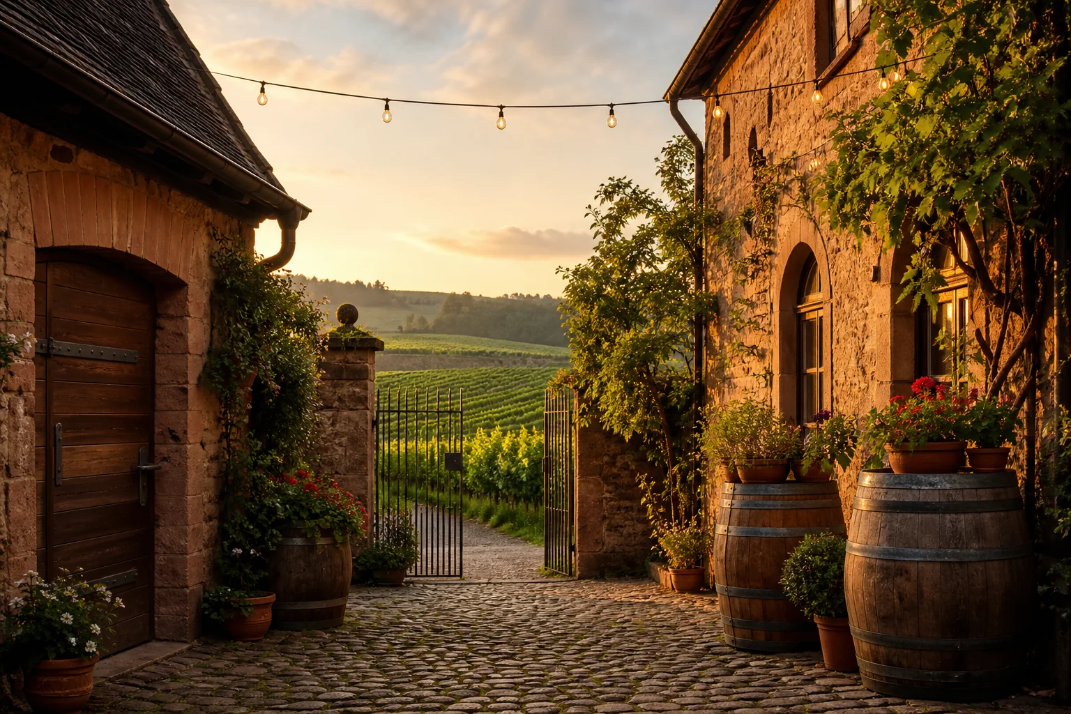 Beispielbild eines Weingut-Innenhofs in warmem Abendlicht — Startseite der fiktiven Beispiel-Website
