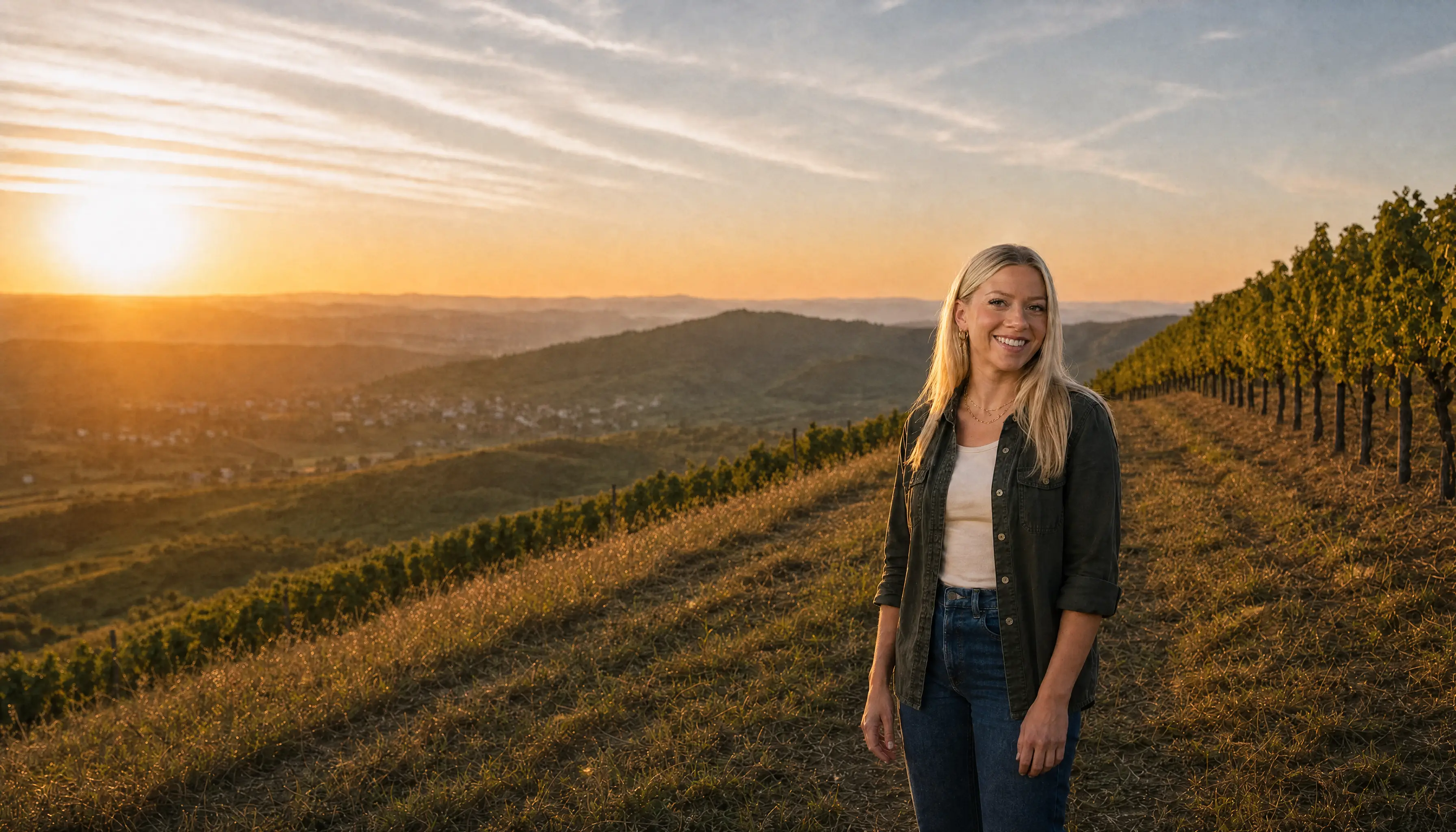 Conny, Wachenheimer Weinprinzessin, steht am Abend auf dem Grasweg am Hangkamm eines Pfälzer Weinbergs und blickt über die Schulter zurück; links fällt das Tal in die tiefstehende Sonne, rechts laufen die Rebzeilen bis zum Horizont.