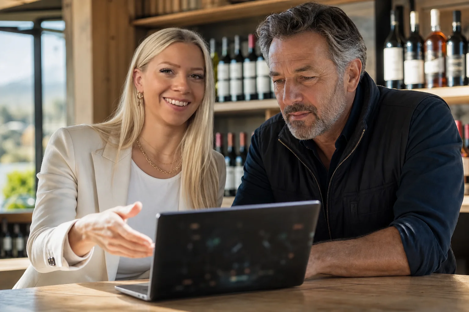 Conny zeigt einem Winzer OMNIS am Laptop in einer hellen Vinothek