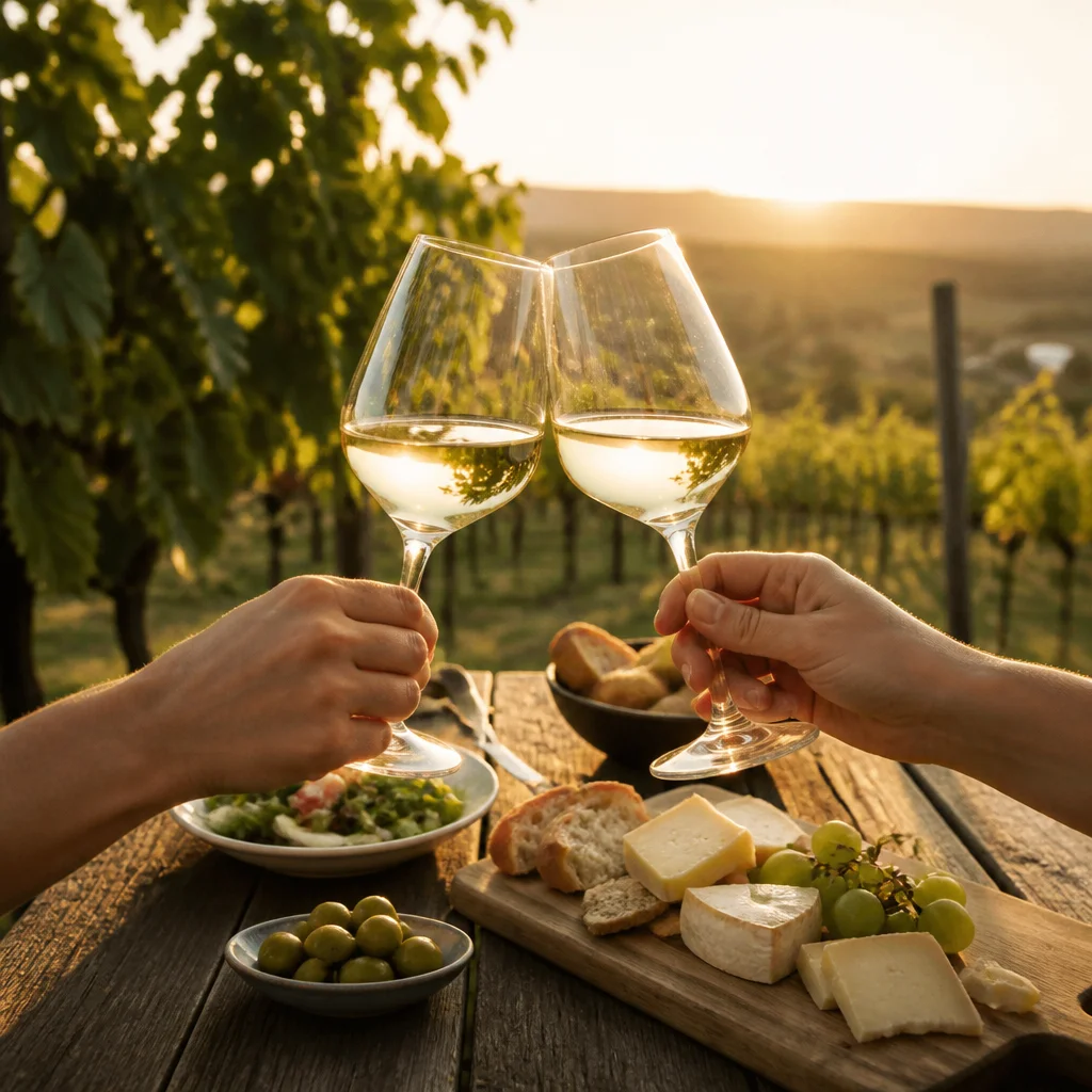 Beispiel-Social-Post: zwei Weingläser stoßen an einem Tisch am Rand des Weinbergs an