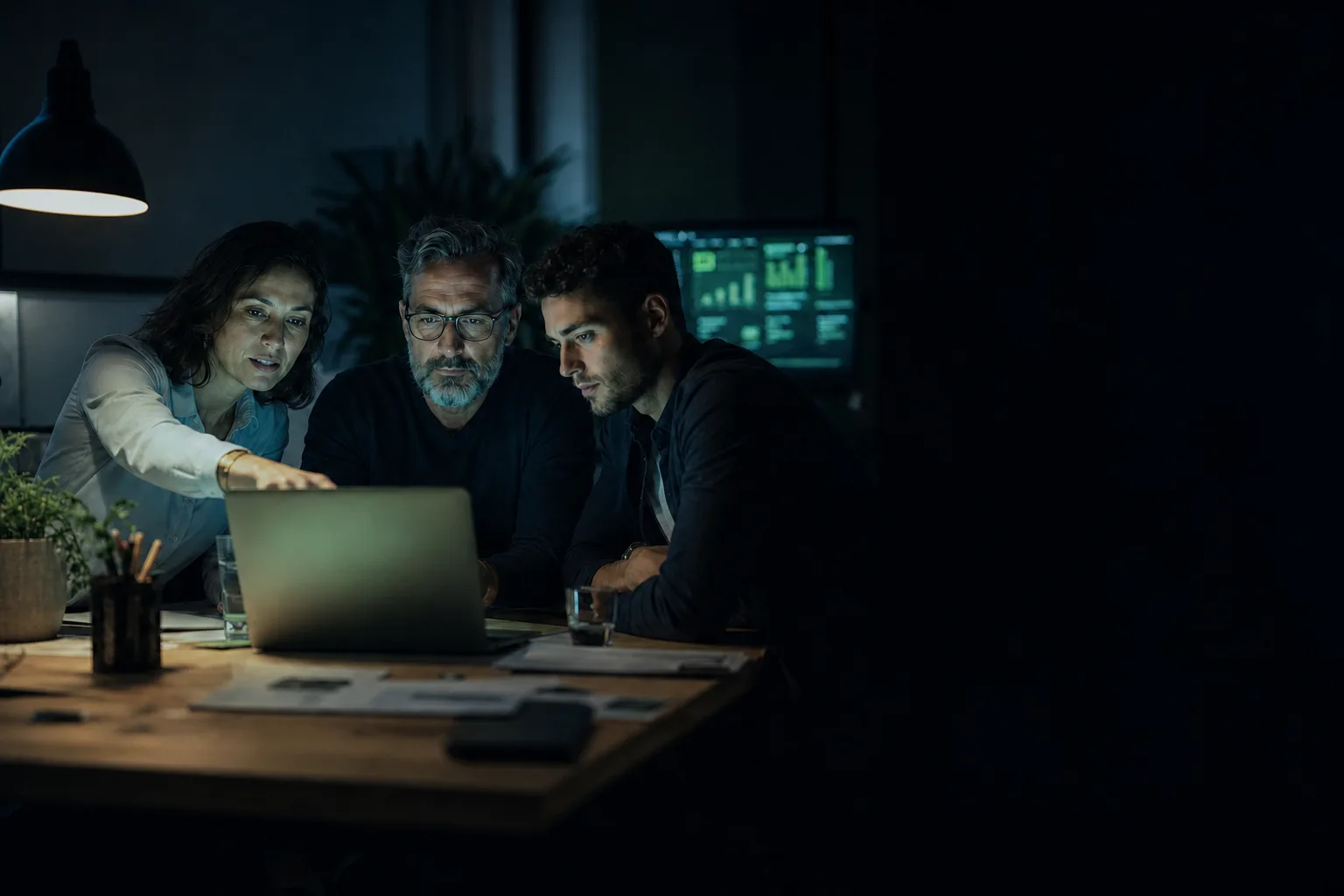 Kleines Team bespricht sich abends gemeinsam an einem Laptop im Büro