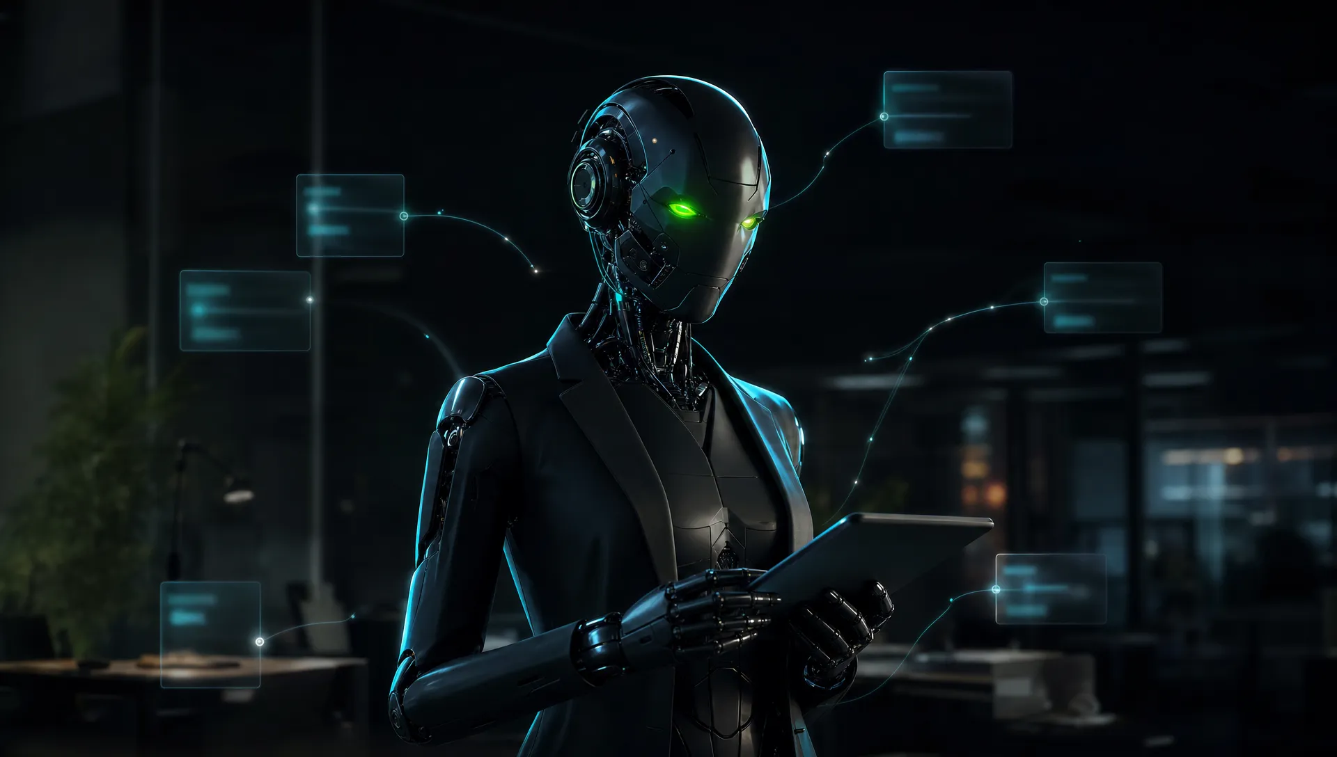 KI-Agent als digitaler Mitarbeiter mit grün leuchtenden Augen