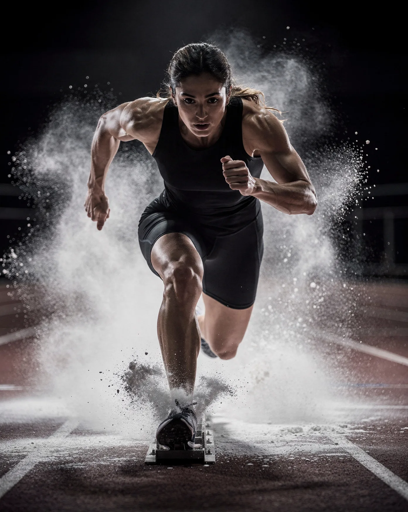 KI-generiertes Sportfoto: Sprinterin startet aus den Startblöcken in einer Wolke aus Kreidestaub, dramatisches Seitenlicht