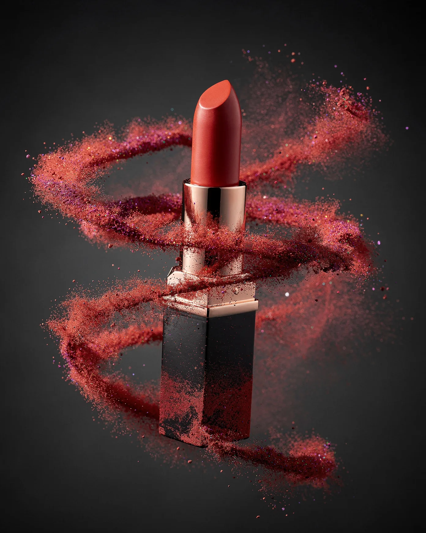 KI-generiertes Werbefoto: roter Lippenstift in einer Spirale aus rotem Pigment-Puder vor dunklem Studiohintergrund