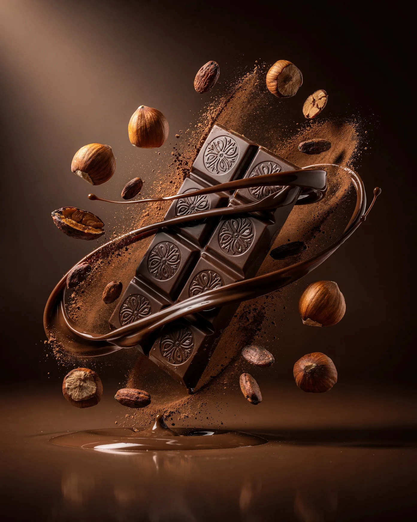 KI-generiertes Werbefoto: schwebende Schokoladentafel, umkreist von flüssiger Schokolade, Kakaopulver und Haselnüssen