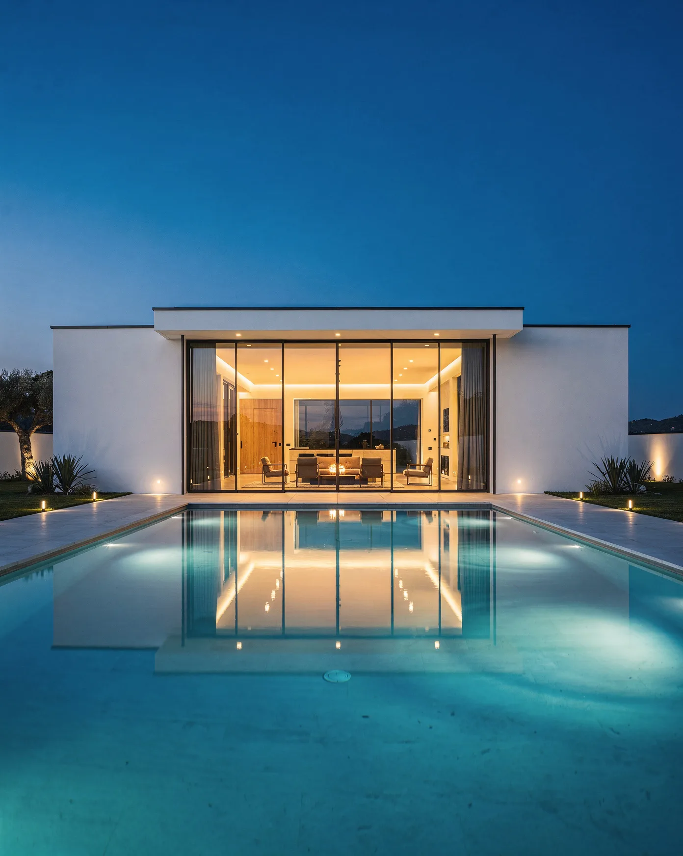 KI-generiertes Architekturfoto: moderne Villa mit Glasfront zur blauen Stunde, warm erleuchtet, mit Pool-Spiegelung