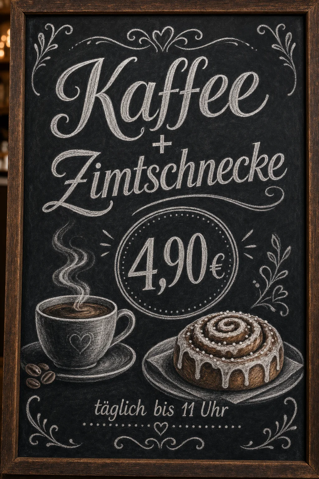 KI-generiertes Café-Poster im Kreidetafel-Stil: „Kaffee + Zimtschnecke 4,90 €, täglich bis 11 Uhr“ mit Kreide-Illustrationen