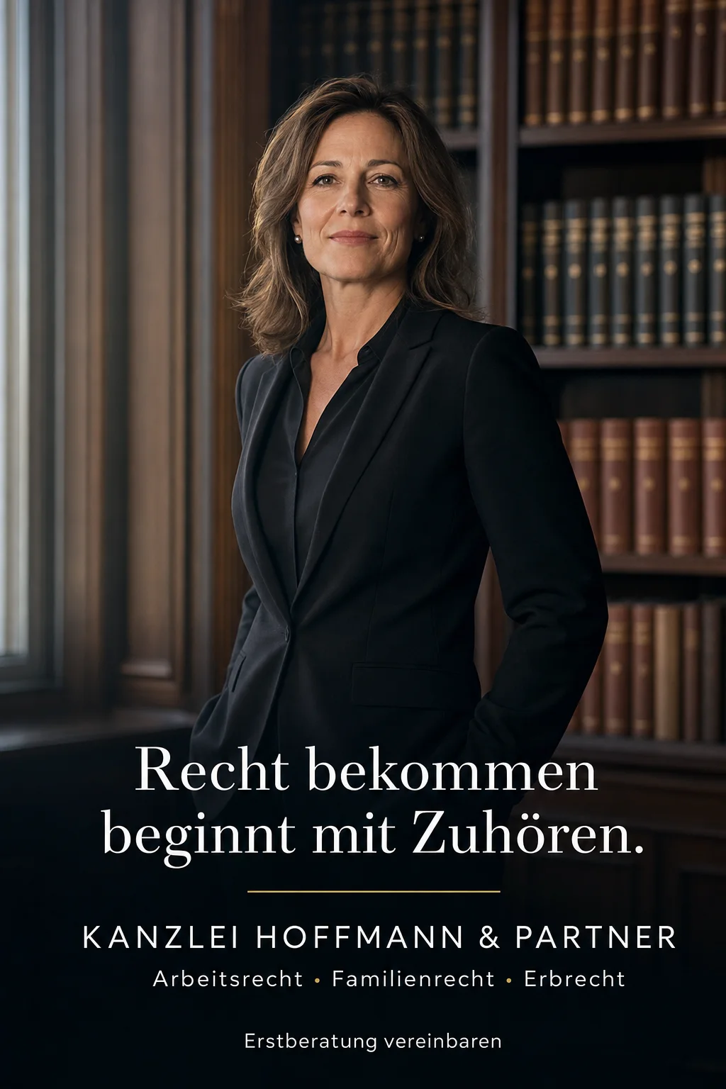 KI-generierte Werbeanzeige einer Anwaltskanzlei: Anwältin in einer Bibliothek, darunter der Claim „Recht bekommen beginnt mit Zuhören.“ und die Fachgebiete