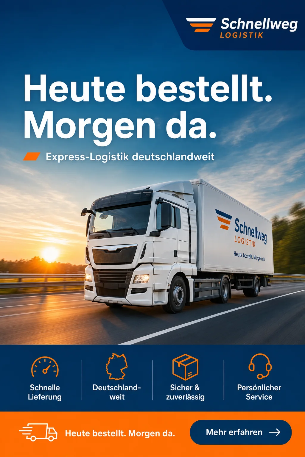 KI-generierte Social-Media-Anzeige einer fiktiven Spedition mit LKW bei Sonnenaufgang und der Überschrift „Heute bestellt. Morgen da.“