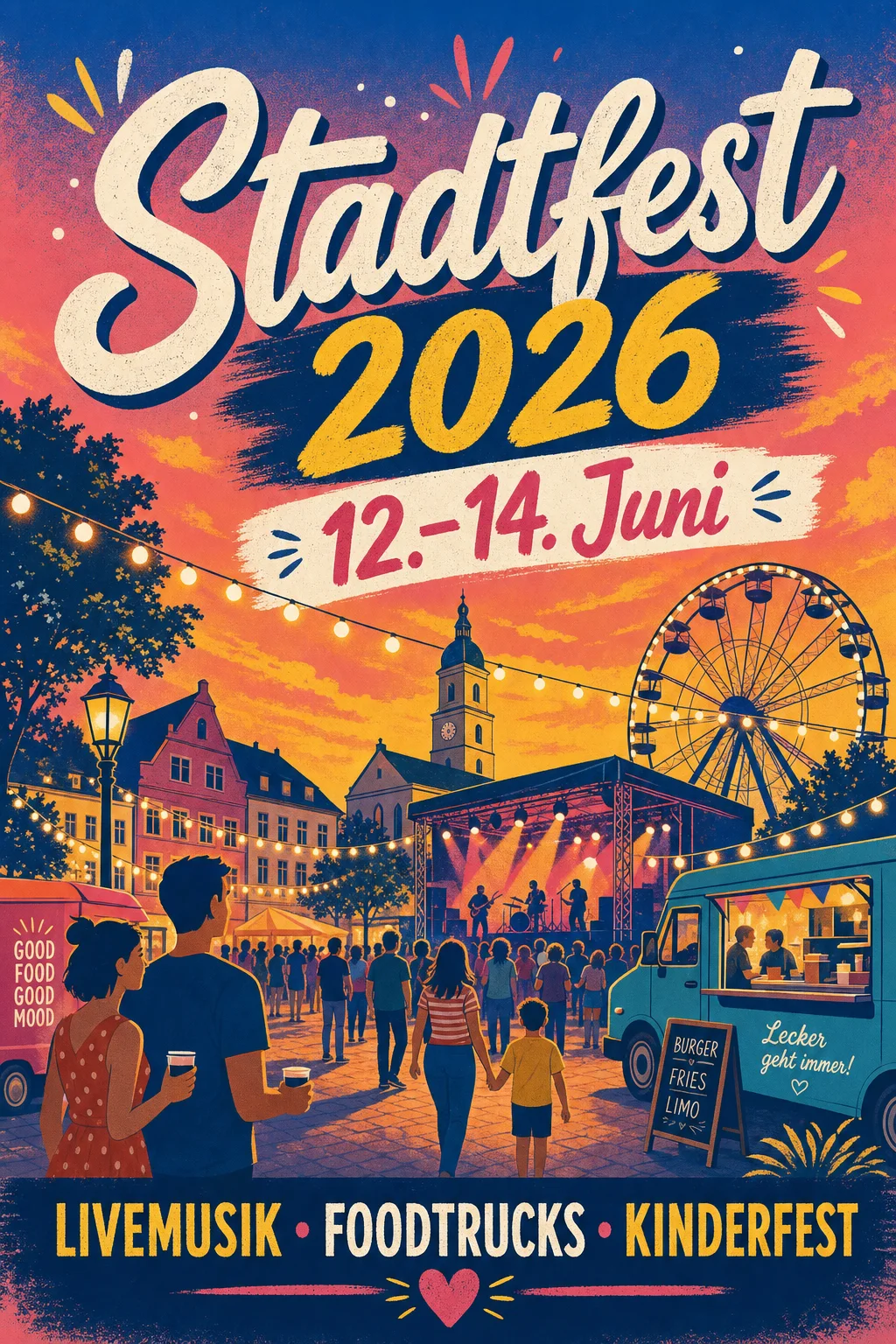 KI-generiertes illustriertes Stadtfest-Plakat mit Bühne, Riesenrad, Lichterketten und Programmzeilen „Livemusik · Foodtrucks · Kinderfest“