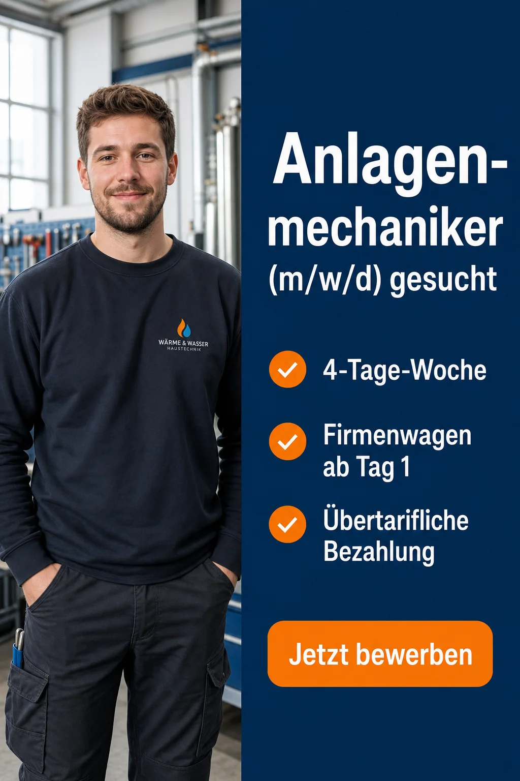 KI-generierter Recruiting-Post eines Handwerksbetriebs: Handwerker in der Werkstatt neben blauer Textfläche mit der Überschrift „Anlagenmechaniker (m/w/d) gesucht“ und drei Benefits