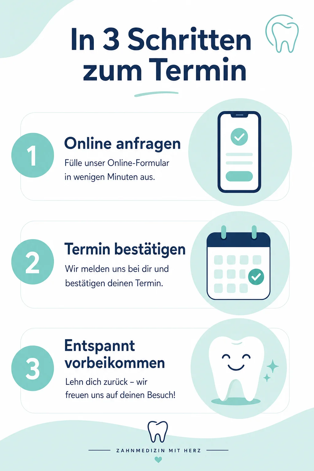 KI-generierte Erklärgrafik einer Zahnarztpraxis: „In 3 Schritten zum Termin“ mit drei nummerierten Schritten und flachen Icons