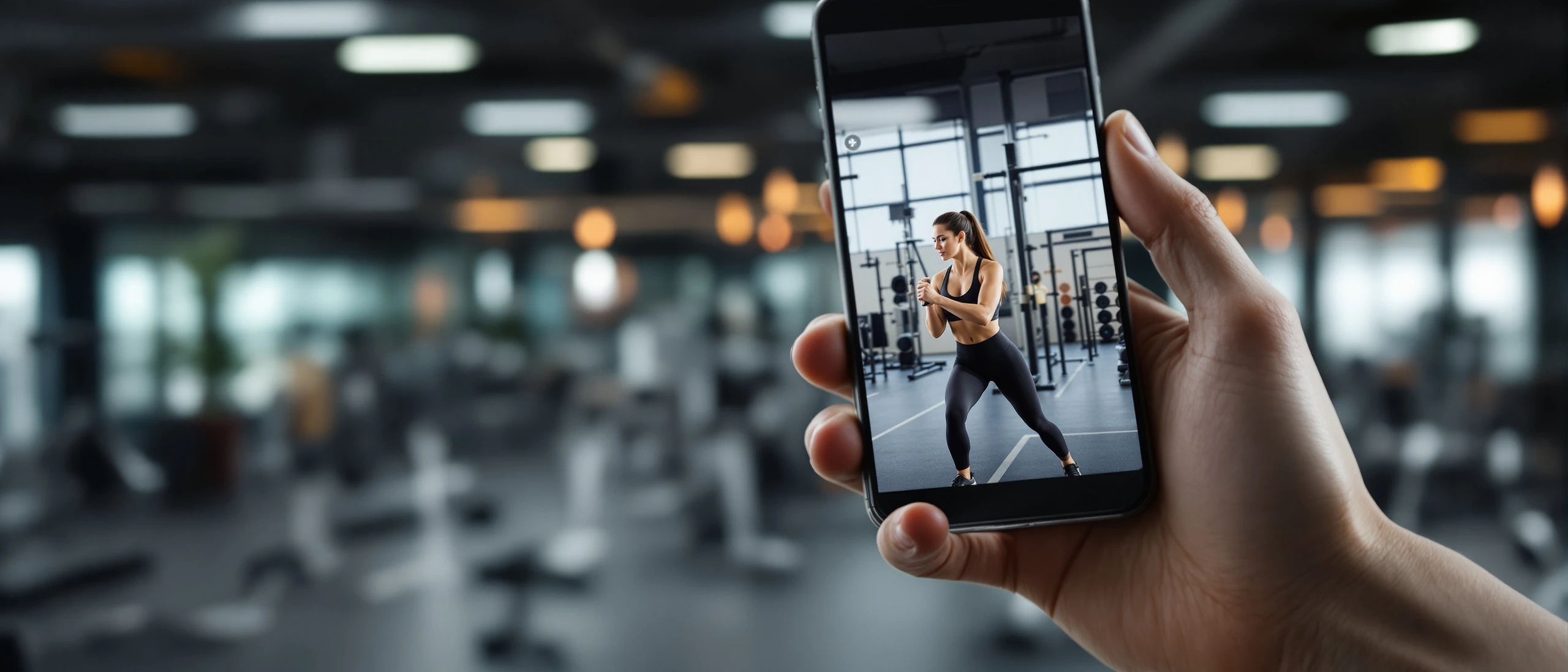 Smartphone im Fitnessstudio zeigt eine Social-Media-Anzeige — Kampagnen