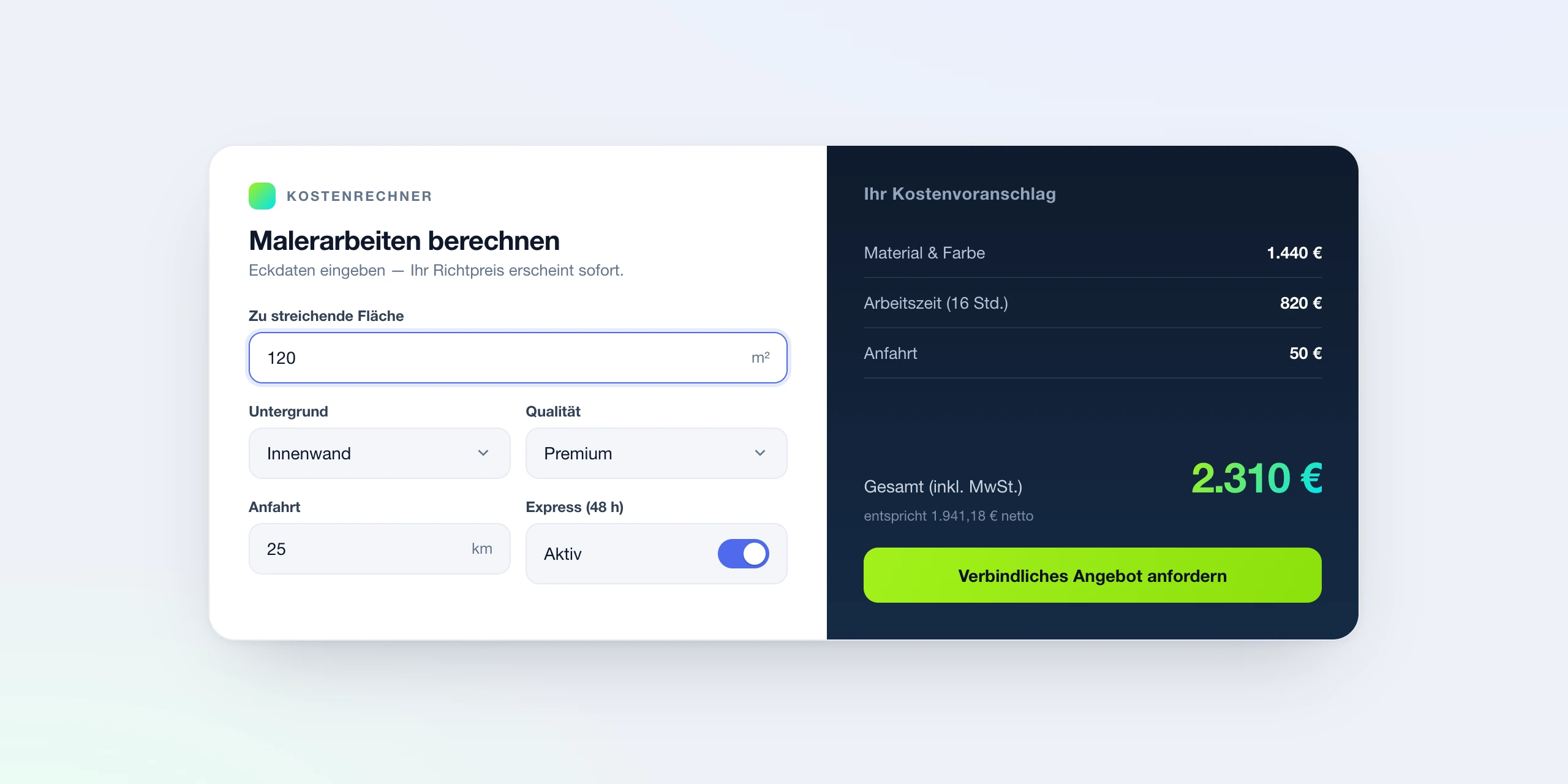 Handwerker hält ein Tablet mit einem Kostenrechner am Renovierungsort — eigene Tools