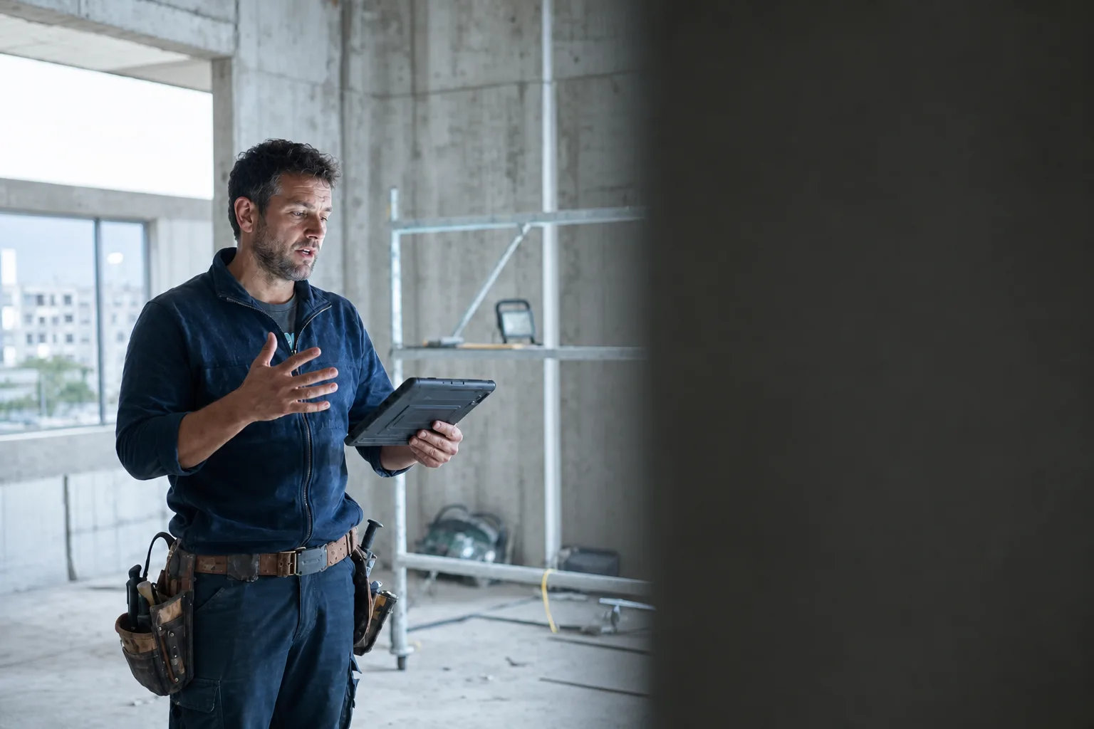 Handwerker steht abends im Rohbau und spricht in sein Tablet