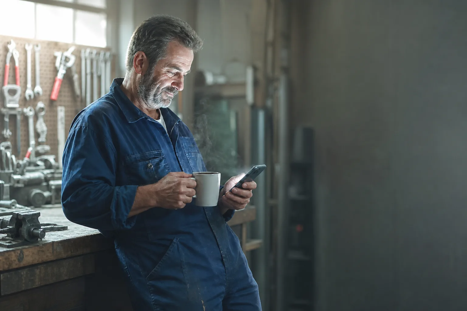 Betriebsinhaber lehnt frühmorgens mit Kaffee an der Werkbank und liest auf dem Smartphone