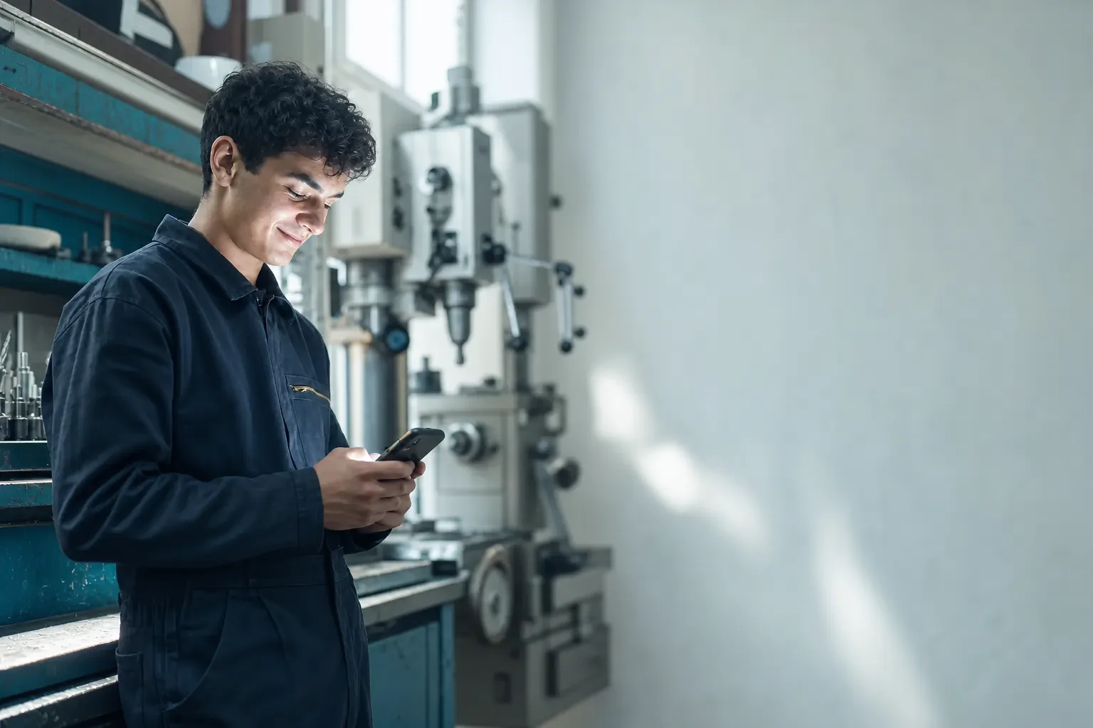 Junger Geselle steht in der Werkstatt und schaut auf sein Smartphone