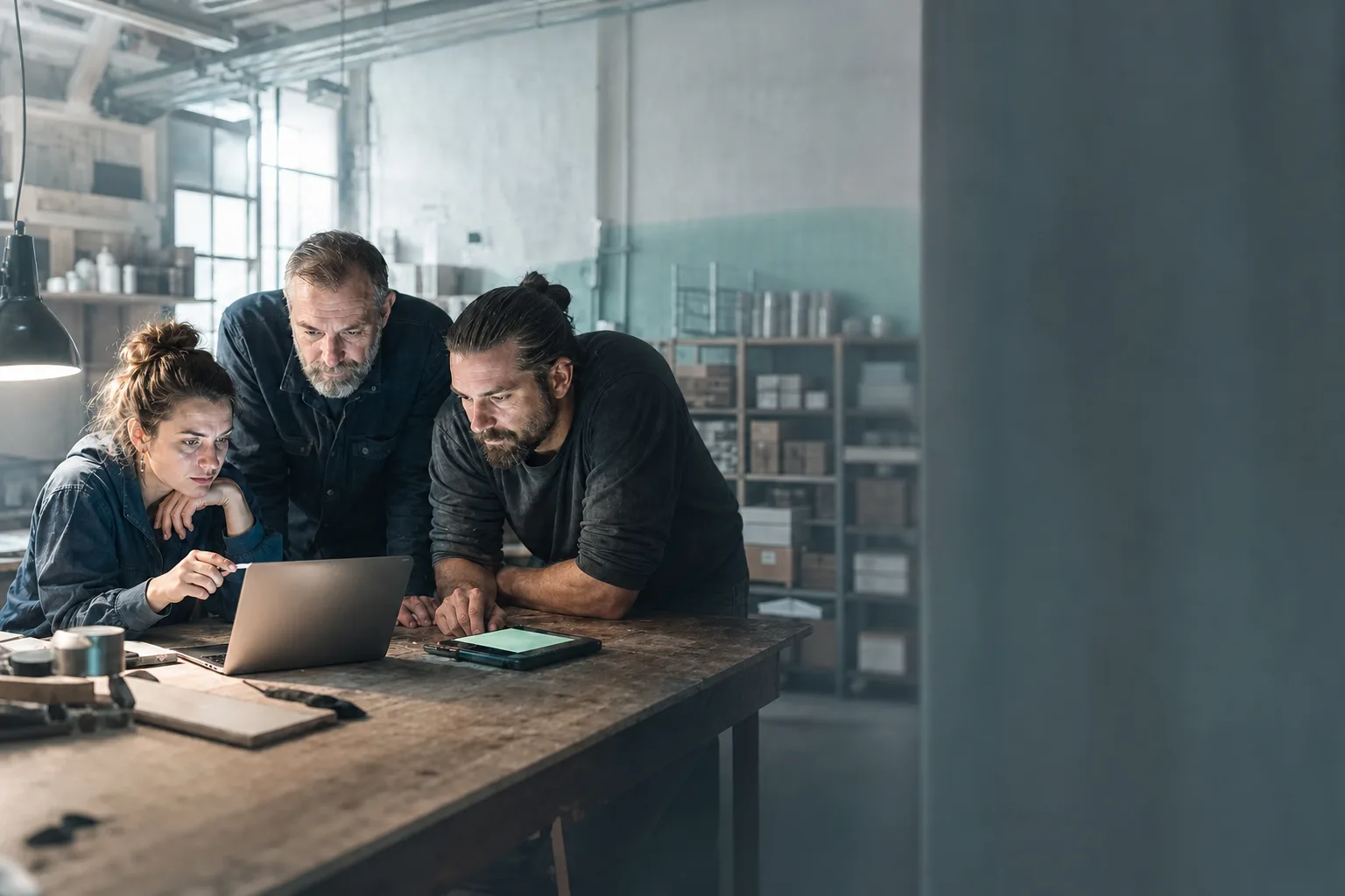 Kleines Team arbeitet gemeinsam an einem Laptop