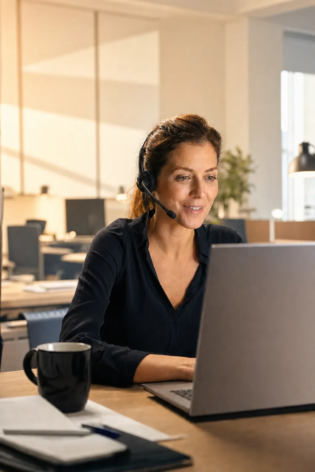 Flow-Office-Mitarbeiterin mit Headset im Gespräch am Arbeitsplatz