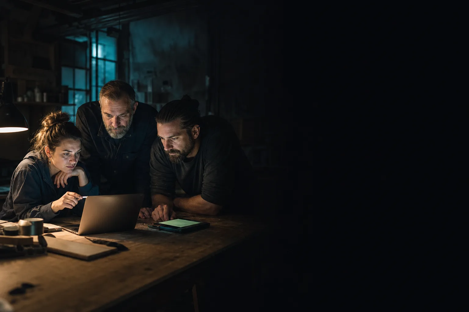 Kleines Team arbeitet abends gemeinsam an einem Laptop