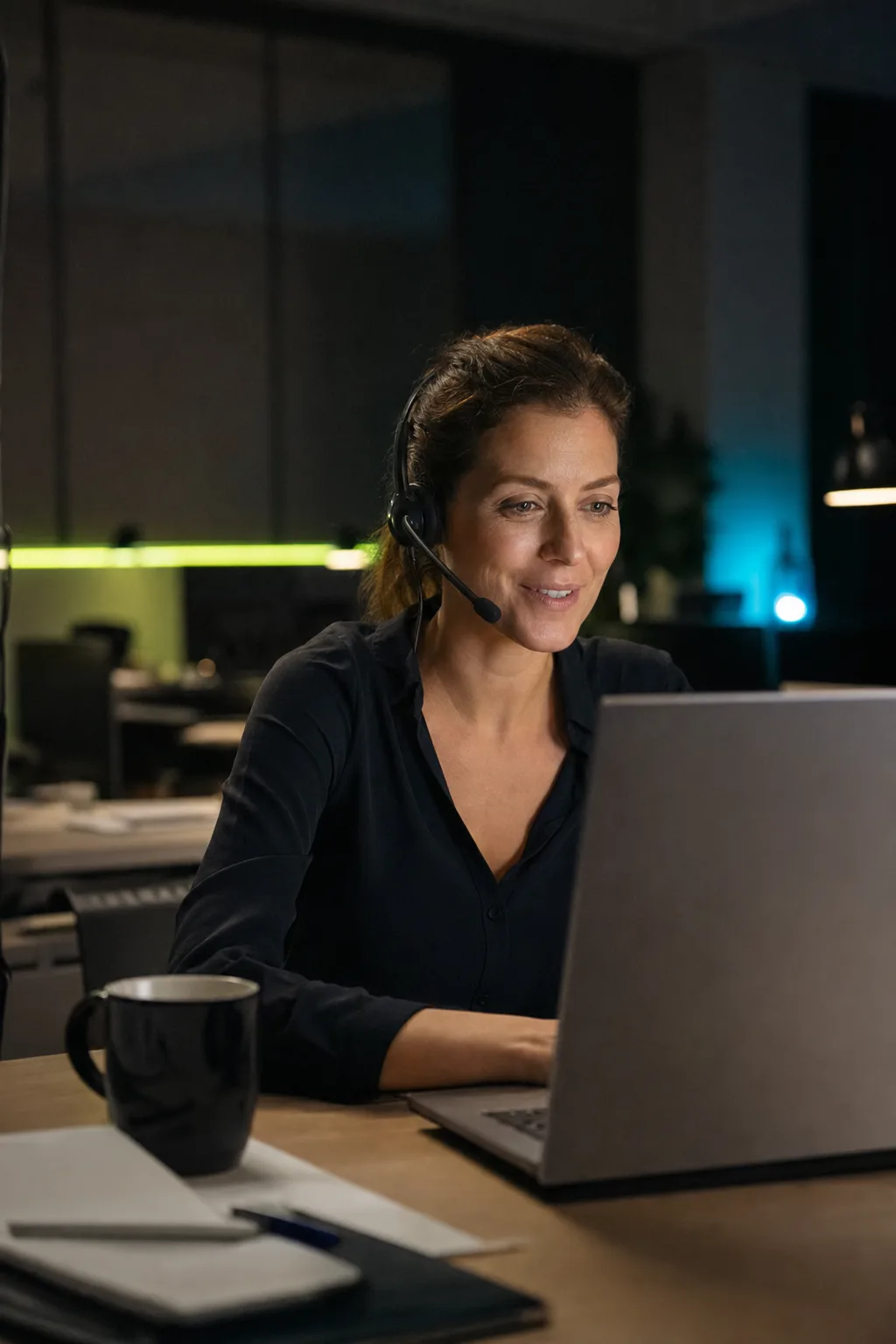 Flow-Office-Mitarbeiterin mit Headset im Gespräch am abendlichen Arbeitsplatz