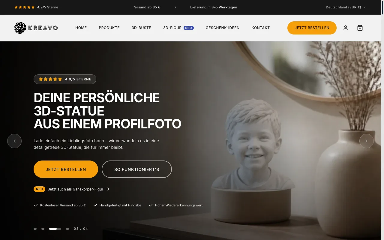 Startseite des von OMVIN gebauten Onlineshops kreavo.de