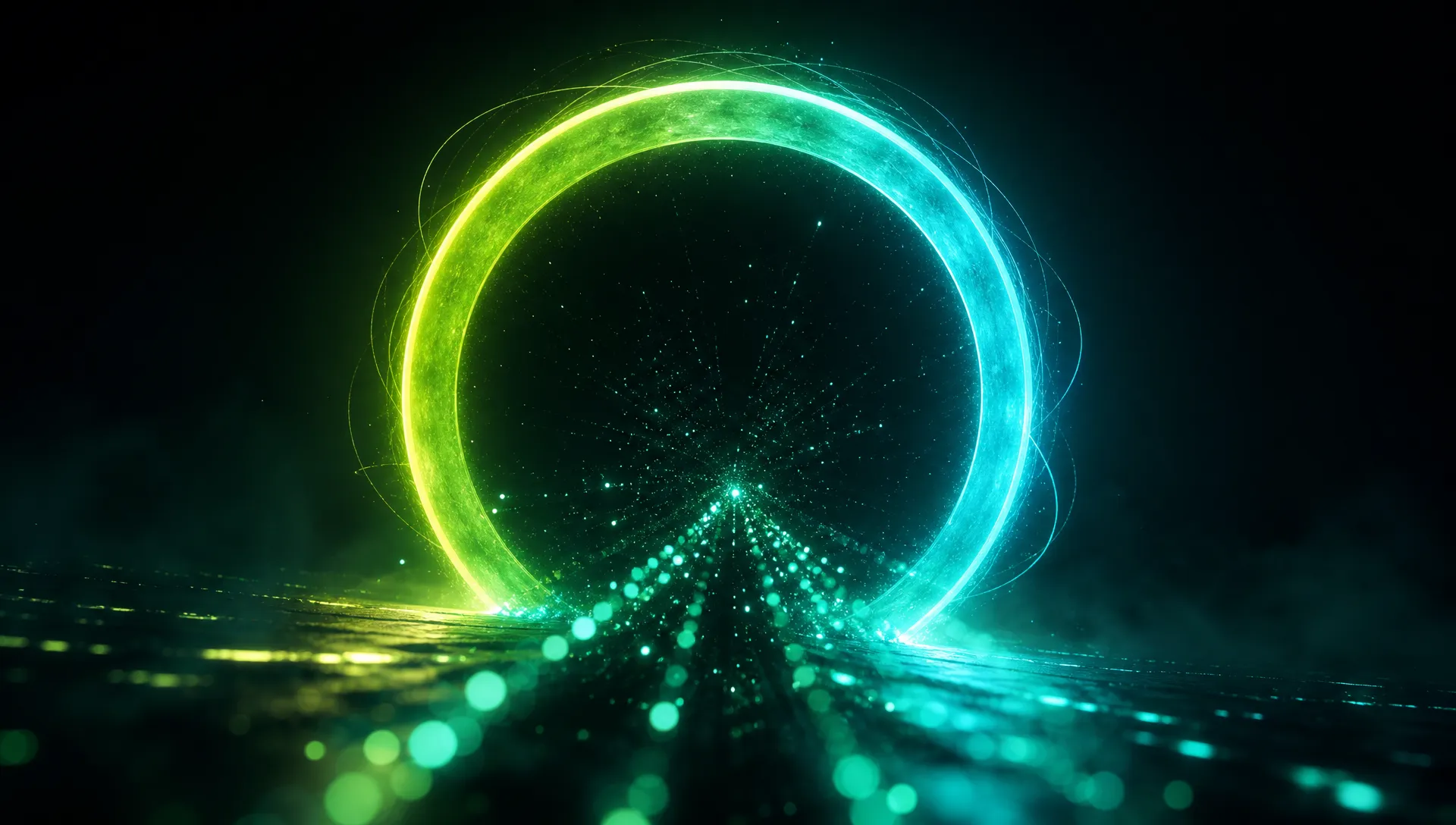 Leuchtender Ring aus Lime- und Cyan-Licht, durch den ein Strom aus Partikeln fließt – Sinnbild für den OMNIS-Launch