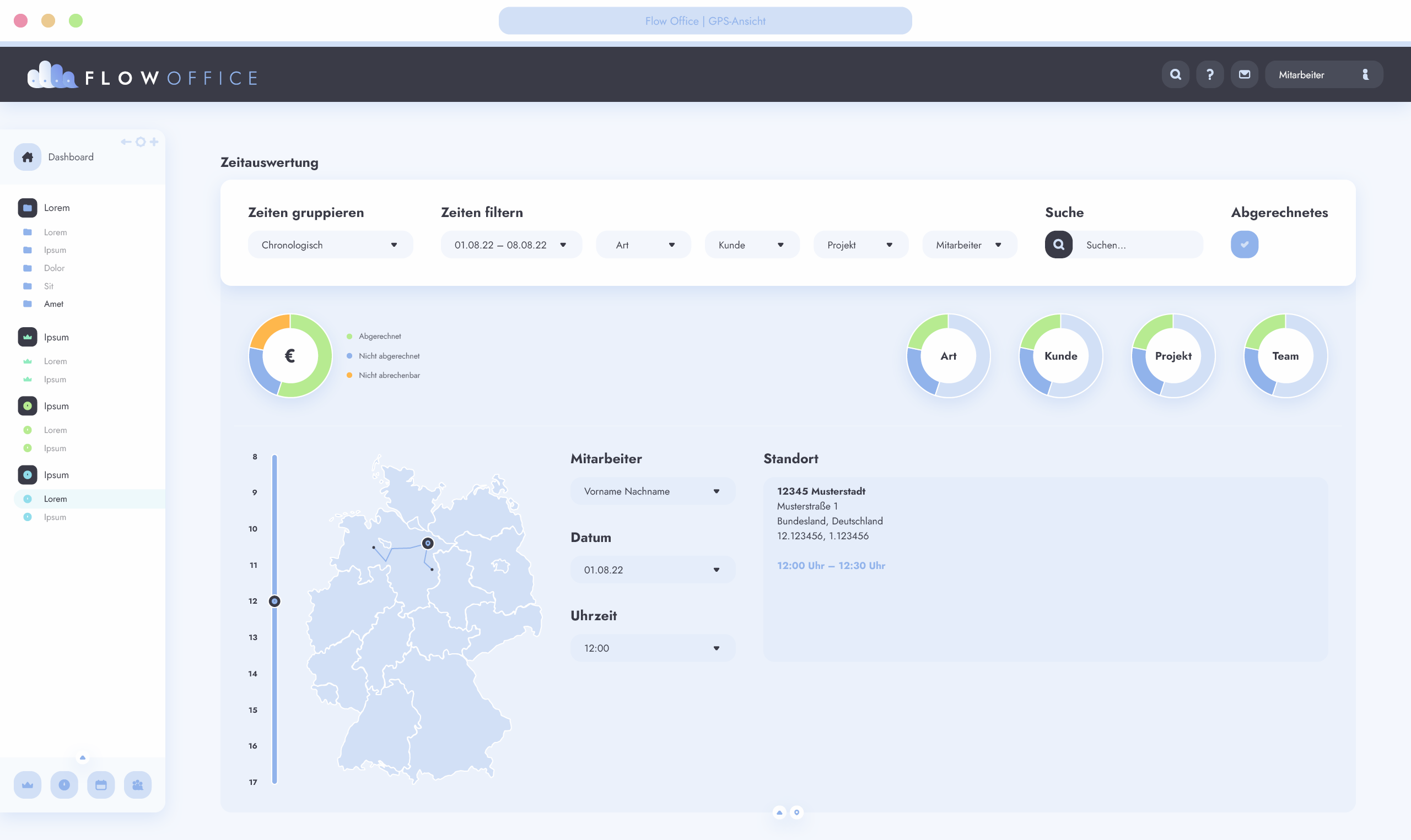 Flow Office Zeiterfassung mit GPS-Standort